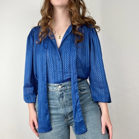 Vintage Parisian Pussy Bow Button Up Shirt Preppy Mid Century Modern MCM Blouse - Picture 3 of 8